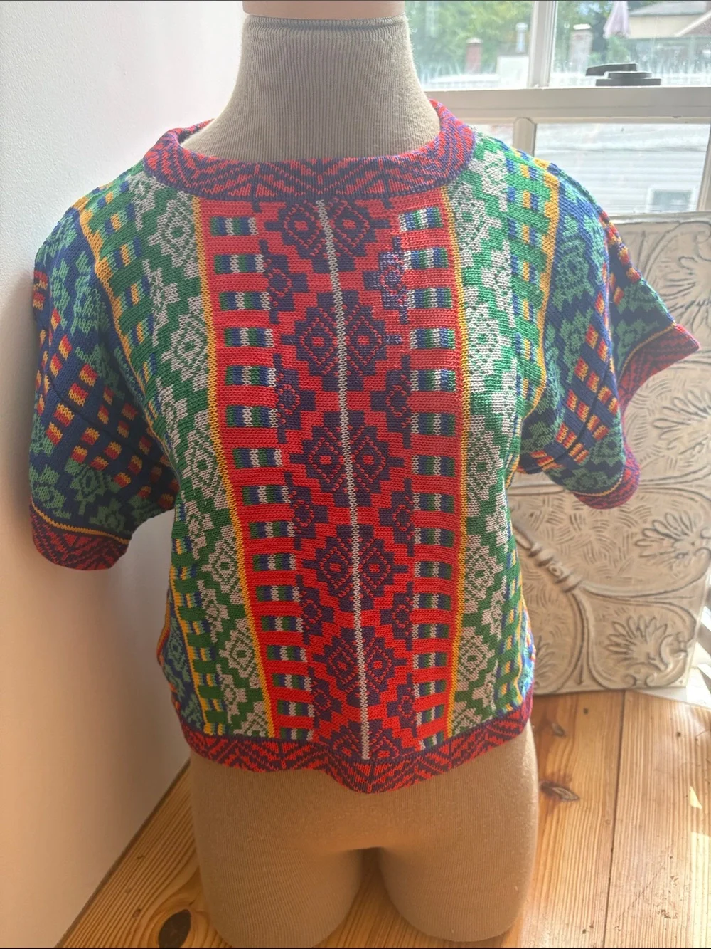 Vintage Multicolor Rainbow Knit Short-Sleeve Top